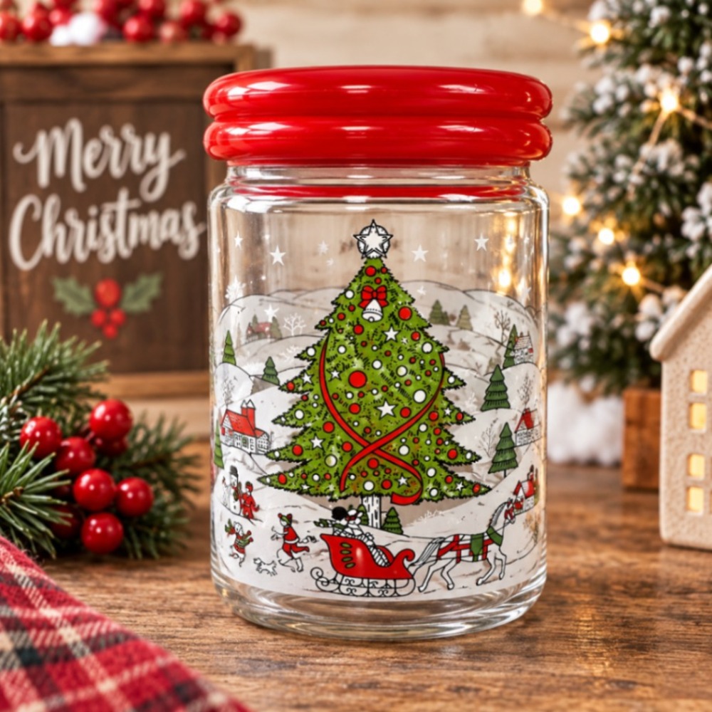 Vintage Christmas Glass Canister Jar Tree Winter Village Sleigh Holiday Decor